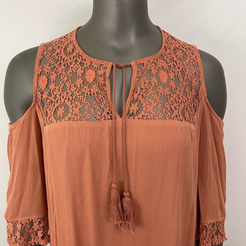 Heartloom Dress Tunic M Terracotta Rust Cold Shoulder Lace Boho Hippie Artsy - Picture 6 of 13